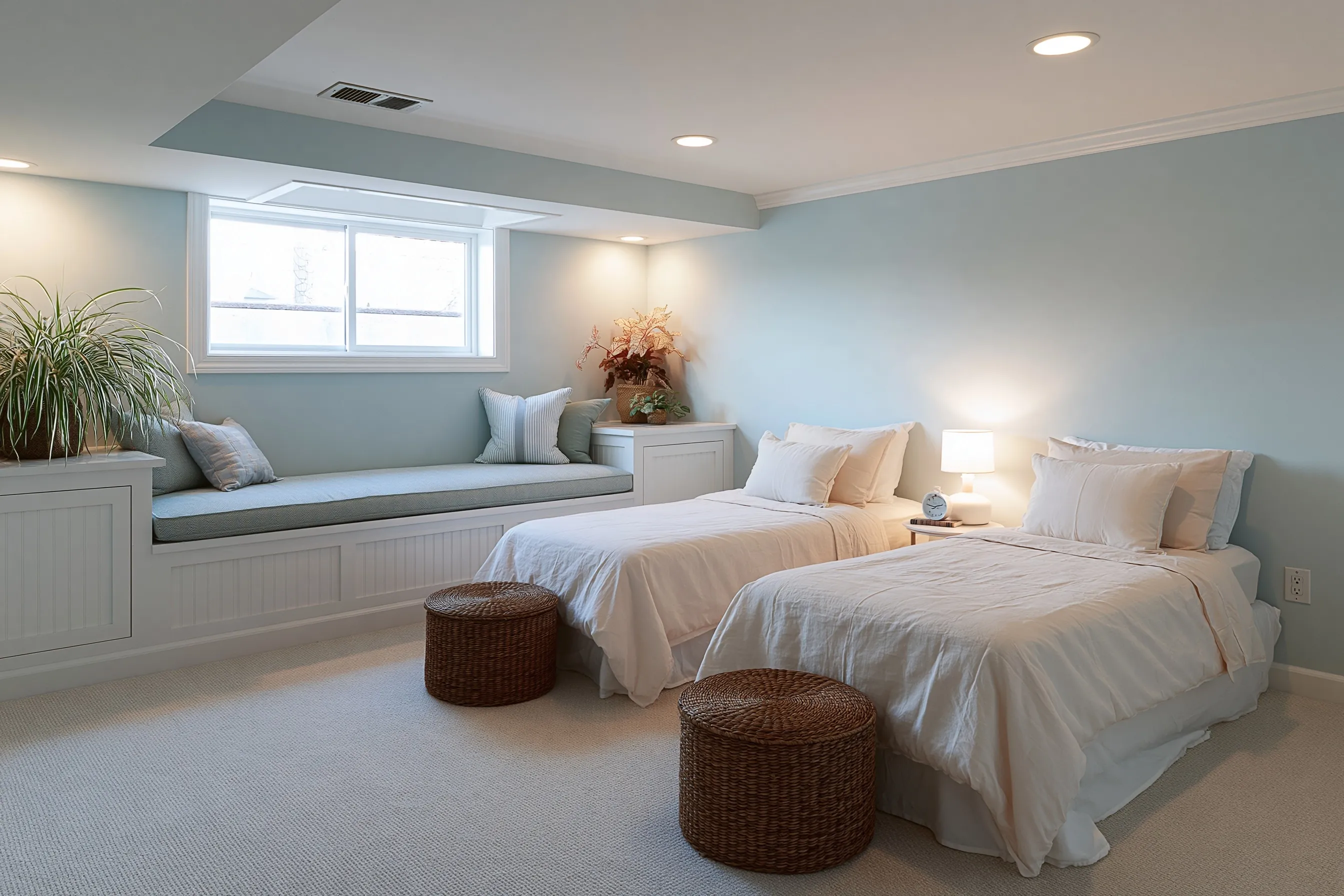Pale blue basement bedroom with two twin beds, a built-in window seat with white paneled cabinets and a sliding window under a ceiling soffit