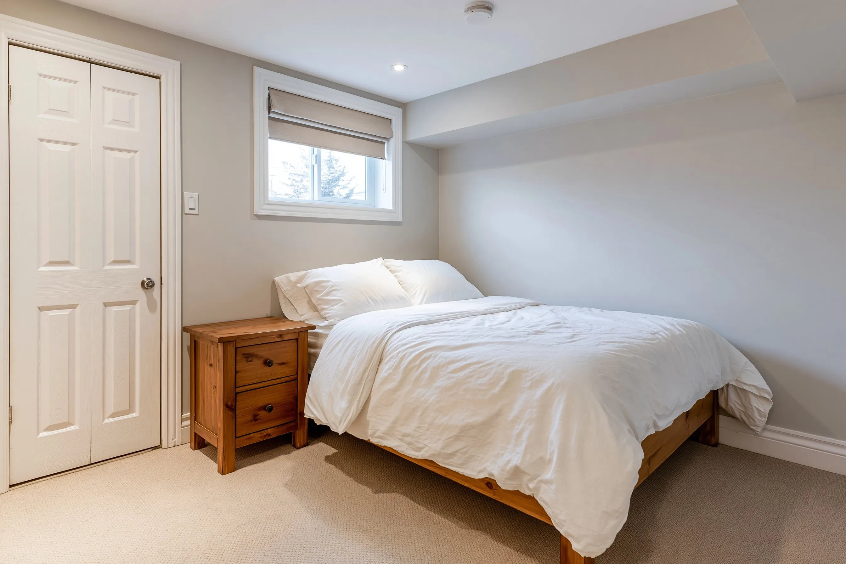 Finished basement bedroom with a made bed, wooden nightstand, closet with a white panel door, a small basement window with a roller blind and a smoke alarm on the ceiling