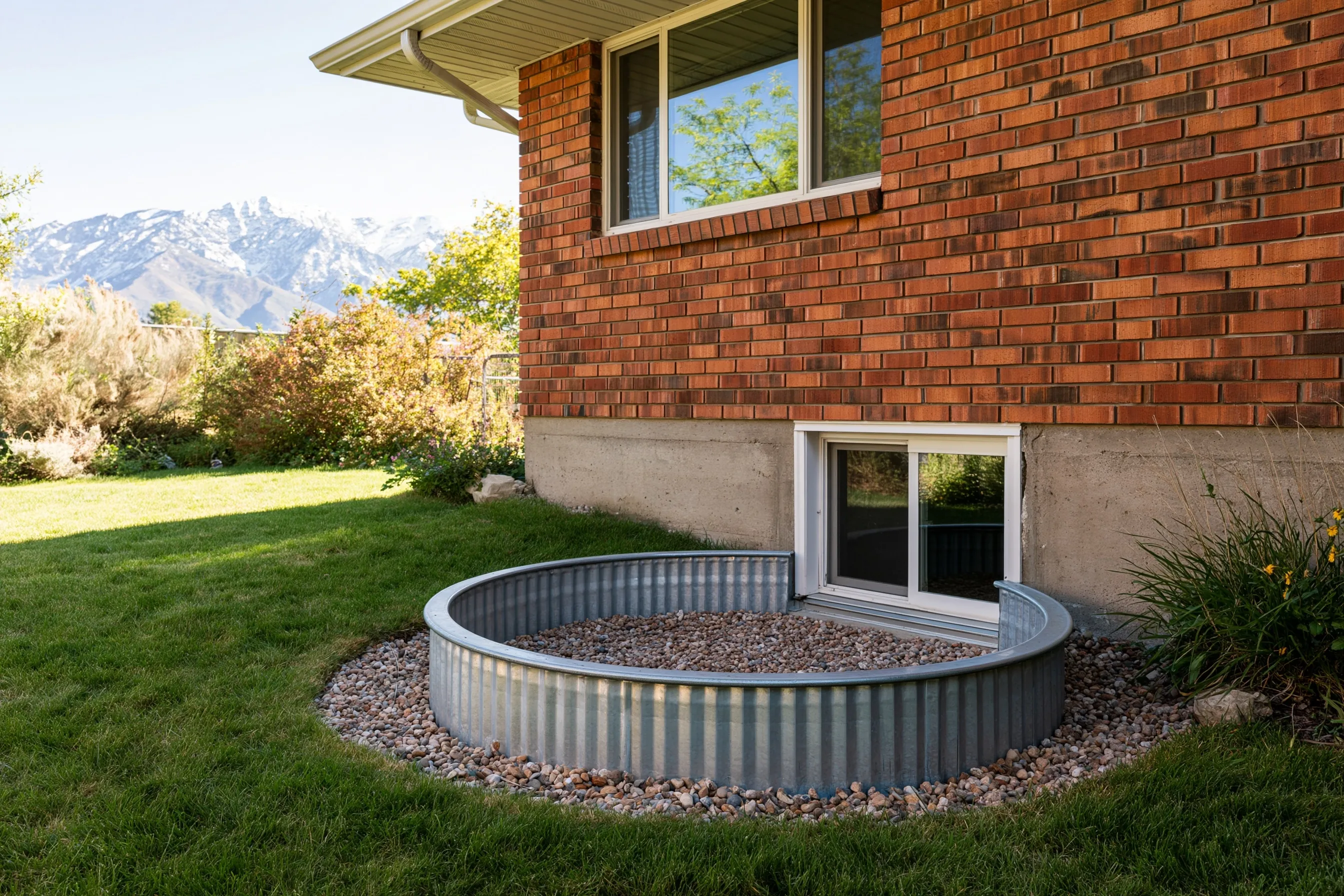 Brick house with a round corrugated steel window well around a basement window at foundation level, gravel in the well, lawn and shrubs, and snow-capped mountains in the distance