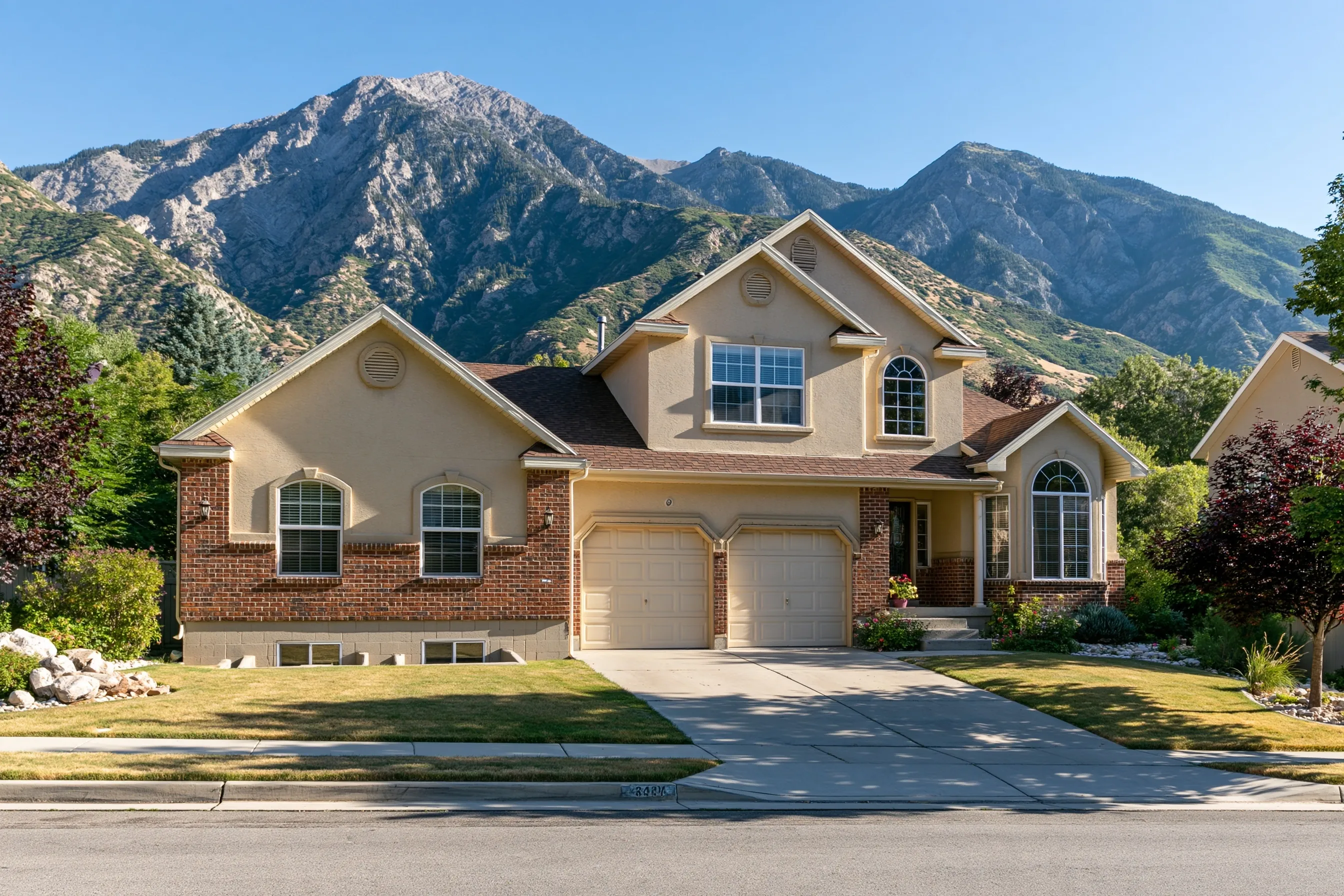Front of a 1990s two-story house with stucco and brick, front window wells, a three-car garage and mountains behind