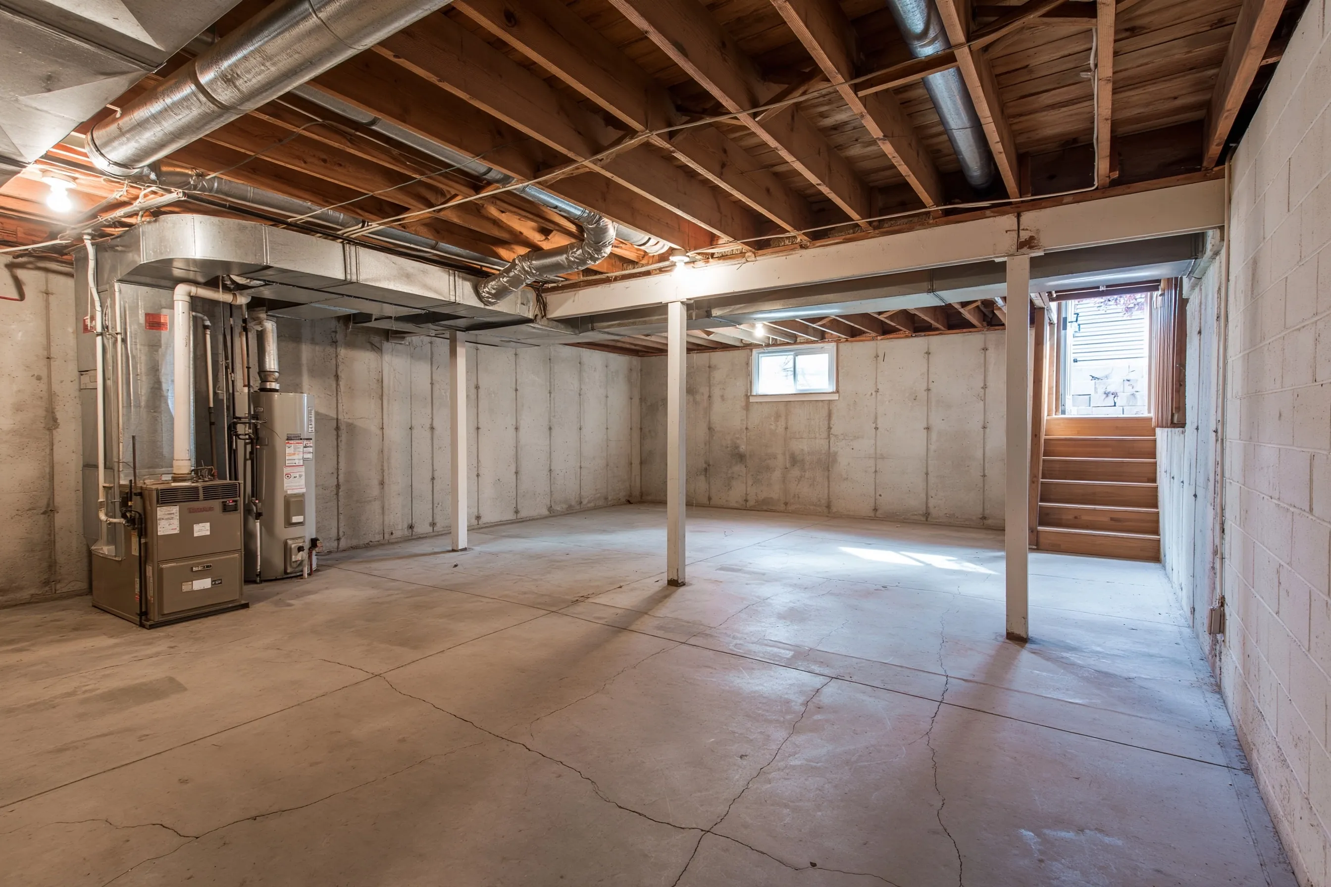 Unfinished basement with poured concrete walls, exposed floor joists and ducts, a gas furnace and water heater in one corner, a staircase and a bare concrete floor